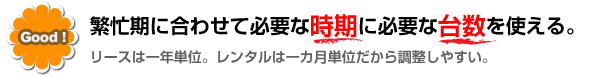 繁忙期に合わせて必要な時期に必要な台数を使える。（リースは１年単位。レンタルは１ヶ月単位だから調整しやすい。）